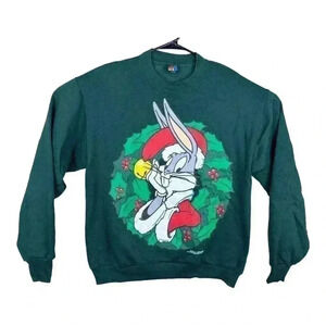 Vintage Christmas Looney Tunes Bugs Bunny Crewneck Size Medium Green 1994 Warner